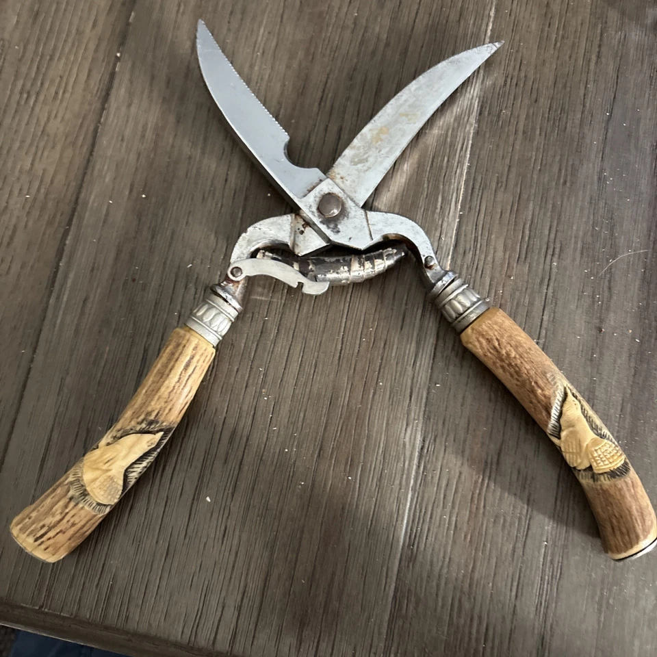 Vintage Chrom Geflügelknochen Küchenschere Scherengeweih Hirschgriffe geschnitzt