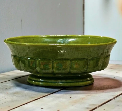 Vintage Haeger Green Footed Pedestal Planter Bowl Oval USA Ribbed Mid Century