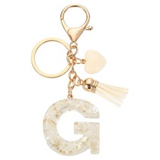 Initial Letter Keychains, Resin Cute Pendant with Heart Tassel, White-G