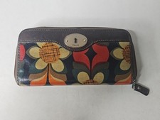 FOSSIL Key  Per Zip Around Wallet Clutch Fall Flowers Coated Canvas 8"x4"