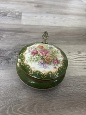Vtg Norleans Porcelain Oblong Green Floral Hinged Flat Bottom Trinket Box Japan