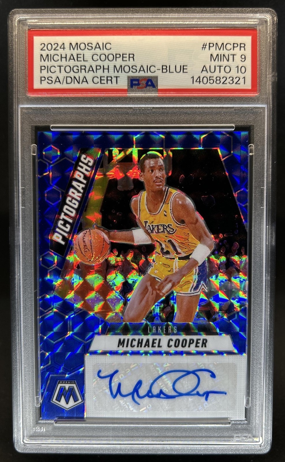 2024-25 Panini Mosaic Michael Cooper Mosaic Pictographs Blue Auto #/35 PSA 9 10 view 1