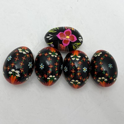 5 Hand-Painted Pysanka Wooden Eggs Decorated Easter Eggs Black Floral Design