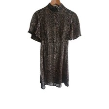 Apricot Black Leopard Spot Print Gold Short Dress Flutter Sleeve Size 10