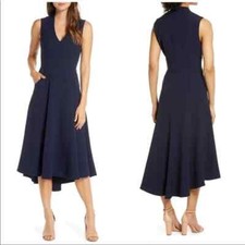 Eliza J Navy Blue High/Low Fit & Flare Dress With Pockets Size 6 $158