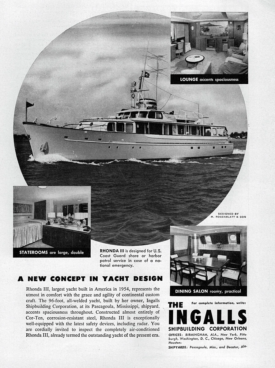 1955 Ingalls Rhonda III 96' Yacht Original Print Ad