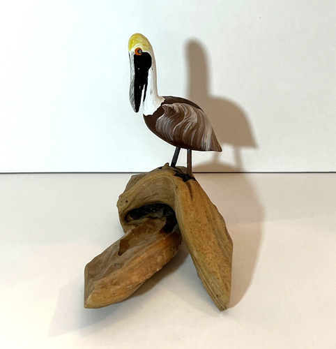 Vintage handgeschnitzter hölzerner Ufervogel Pelikan Treibholz Vogel 5,5" H Whitton unsigniert