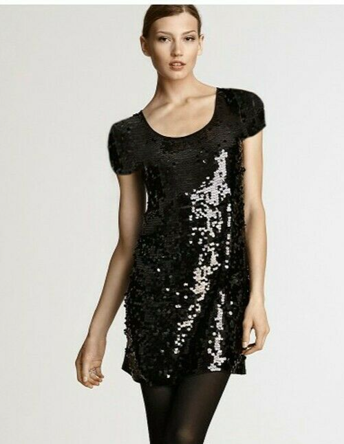 black sequin shirt dress Black Sequin Crew Neck T-shirt Dress – fringe co main image 1