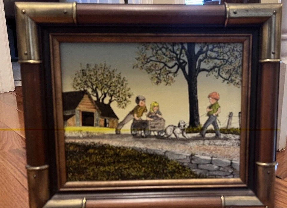 Dog Won't Pull Wagon H Hargrove Framed 12 x 14 Painting on Canvas - Imagem 4 de 4