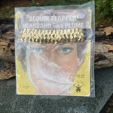 Vintage Gold Sequin Flapper Headband with Plume-One Size