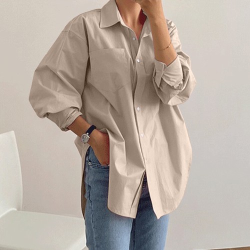 Womens Long Sleeve Plain Lapel Shirts Formal School Business Oversized Tops Tee - Picture 6 of 15