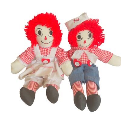 VTG 1991 Custom Made 16'' Raggedy Ann & Andy Dolls Embroidered Face Red Yarn
