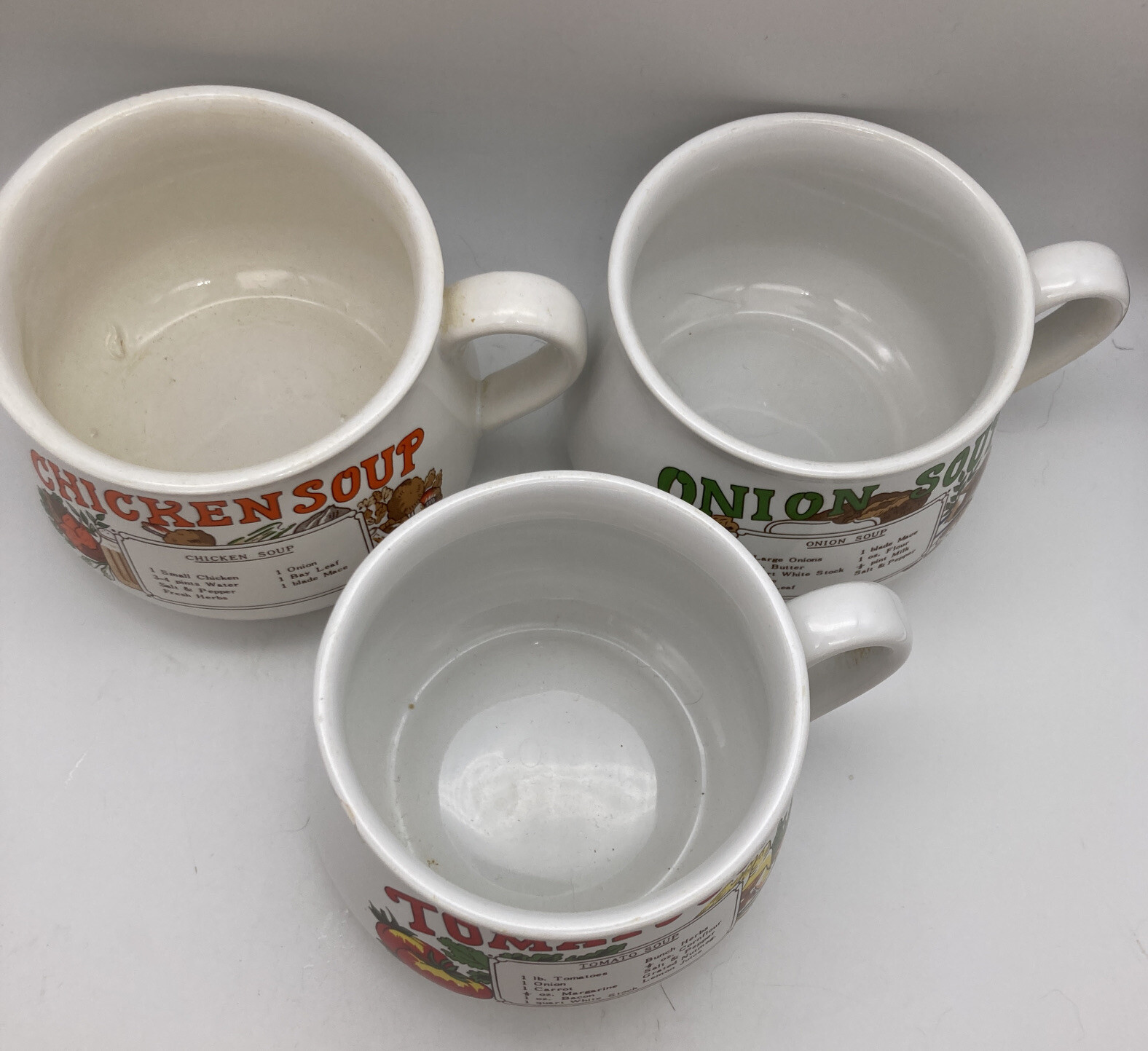 3 Vintage Soup Recipe Ceramic Mugs Chicken, Onion, Tomato , Lot of 3