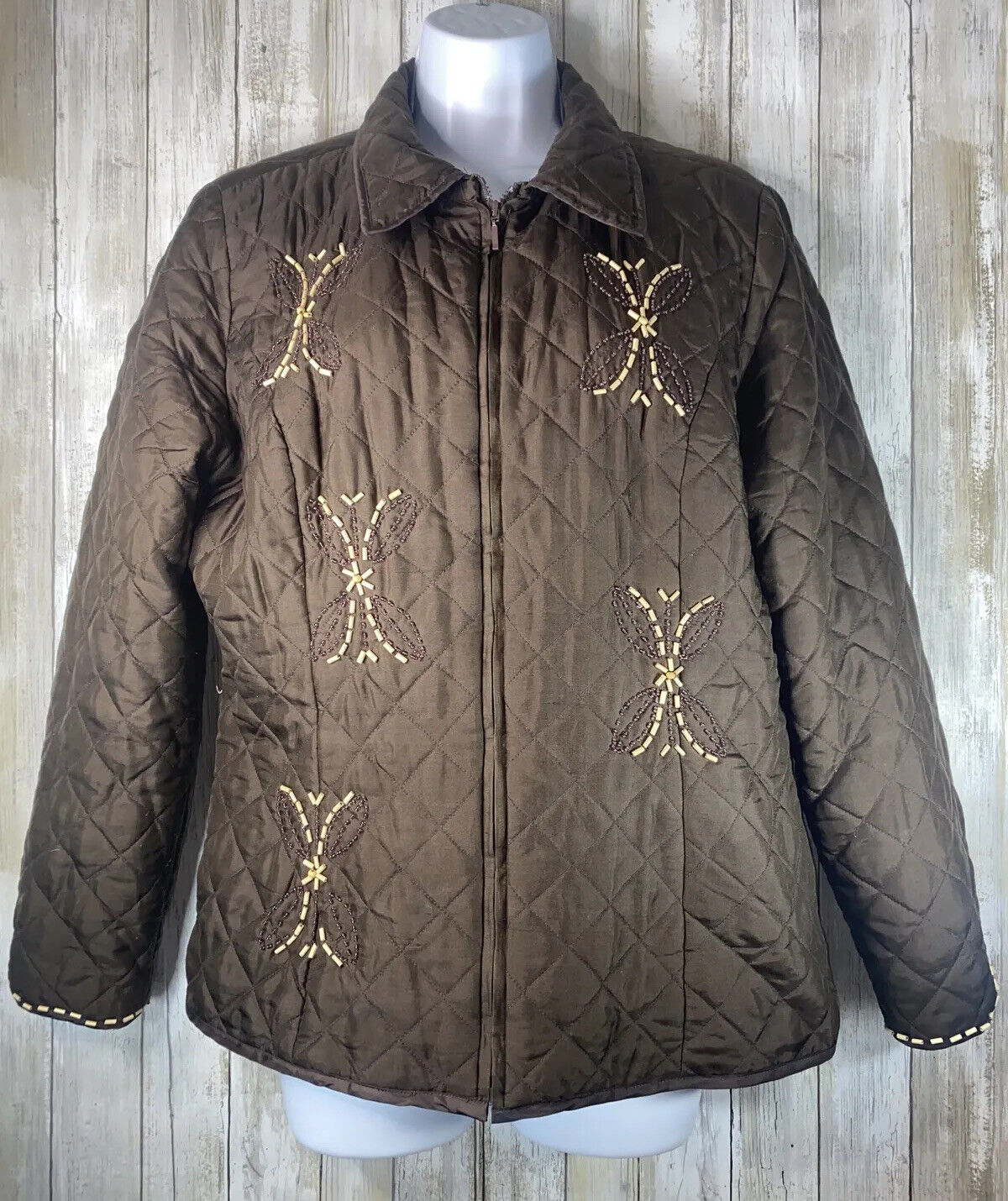 Anne Carson SILK Shell Beaded Full Zip Brown Quil… - image 2