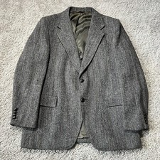 Vtg 80s Harris Tweed KUPP Gray Red Blue Herringbone Blazer Jacket Plaid 44