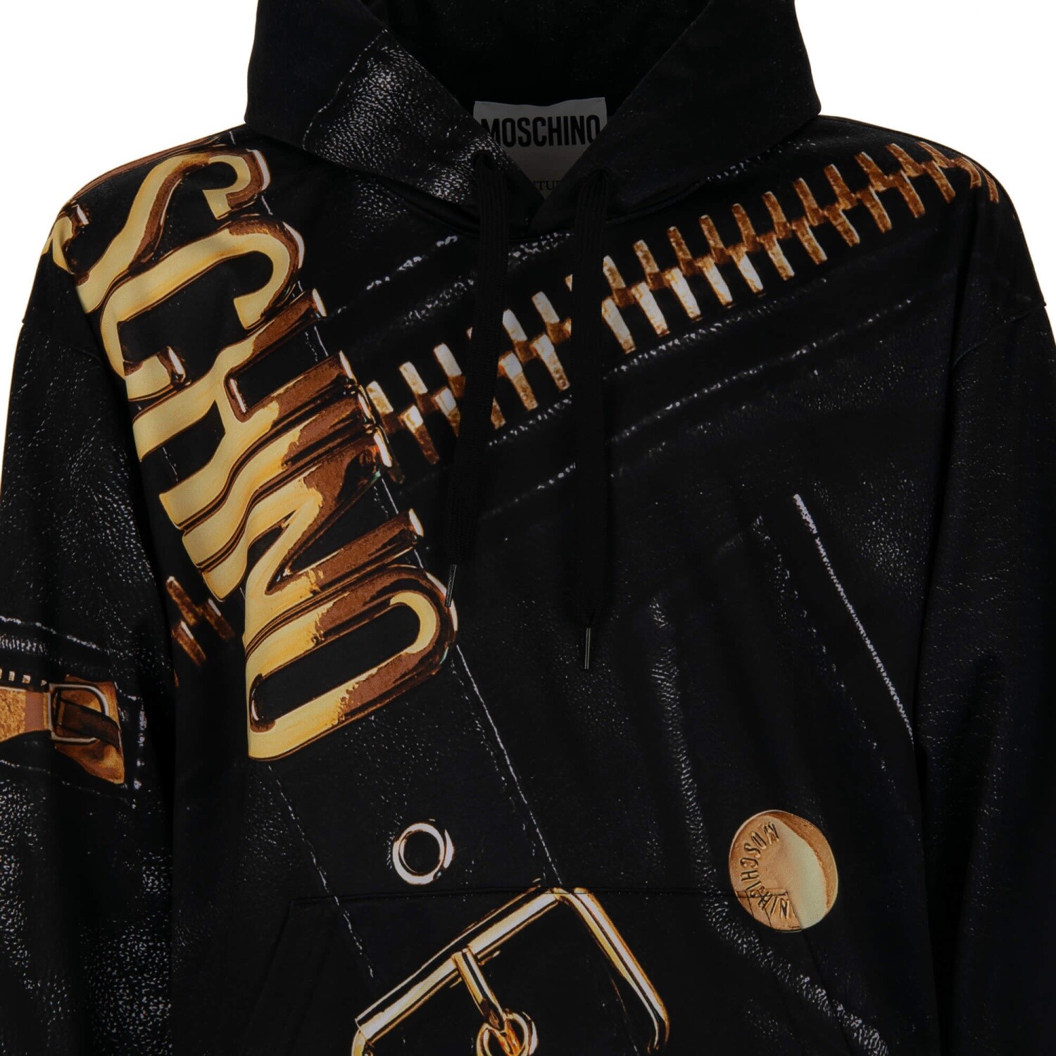 MOSCHINO COUTURE Biker Jacket Logo Print Hoodie Jumper Black Gold image 5