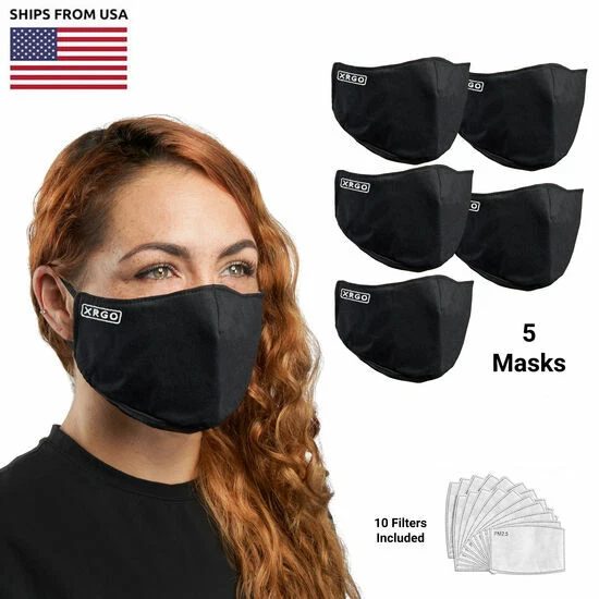 (5-Count) XRGO XM25BKE Black Cloth Reusable Face Masks with 10 PM.2 Filters