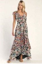 NWT Lulus Floral Chiffon Maxi Dress S Green Multi Cold Shoulder Ruffle Hi-Low