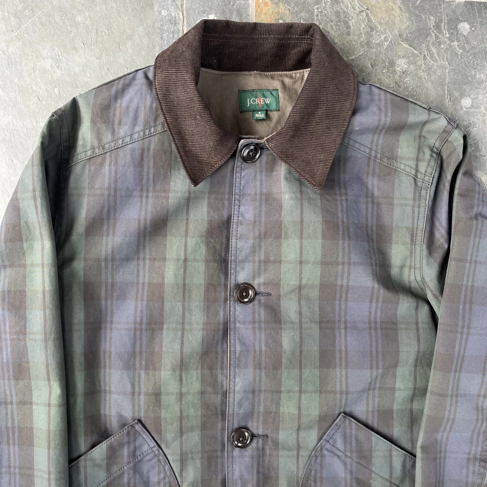 J.Crew Waxed Plaid 1983 Barn Jacket Coat Small S Green Blue Brown Cotton Lined - Image 2 of 4