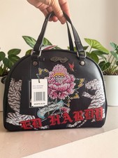 Ed Hardy Black Tiger Floral Tattoo Logo Print Bowler Bag Y2K Rhinestones