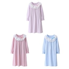 Kid Girls Cotton Nightgown Long Sleeve Pajamas Dress Pretty Lace Loose Sleepwear