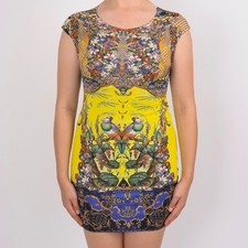 Roberto Cavalli Abstract Floral Print Bird Sheath Dress Size XS Vintage Stretch