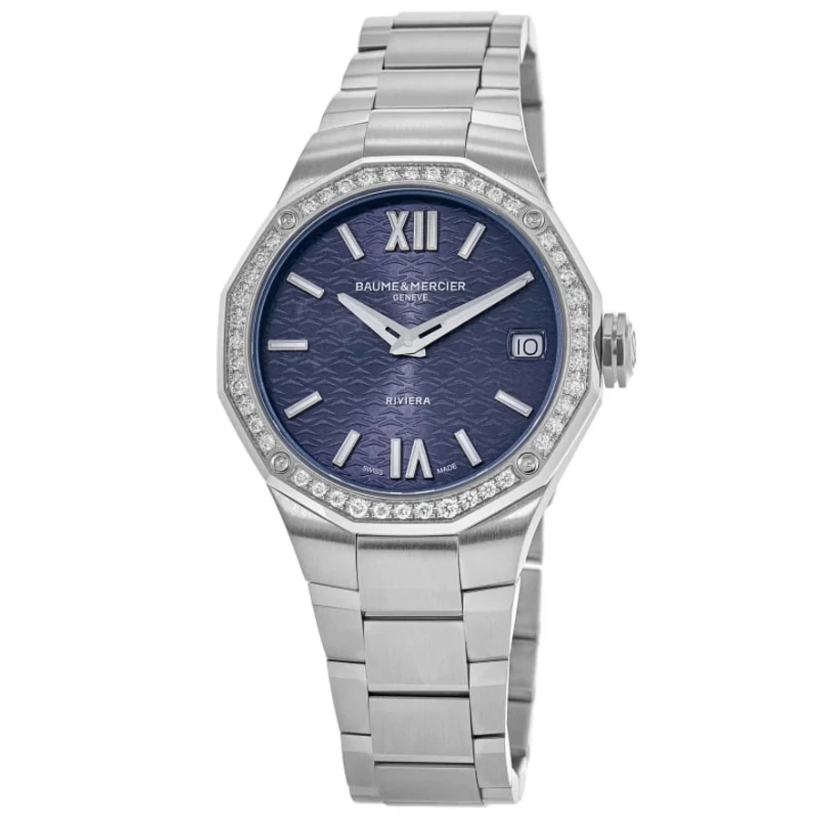 Nuevo reloj para mujer Baume & Mercier Riviera esfera azul bisel de diamantes acero 10765