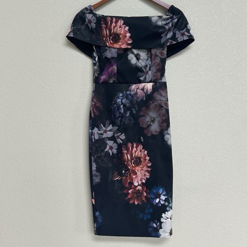 ASOS Women’s Dress 4 Black Multicolor Floral Off Shoulder Bodycon Cocktail NWOT - Picture 2 of 6