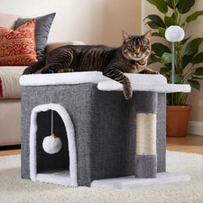 Indoor cat cube house with lid, cat bed with sisal post, and hanging ball