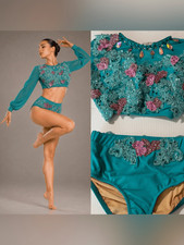 Glamour Dance Costume MC Teal 2 Piece Lyrical Contemporary Floral Rhinestone