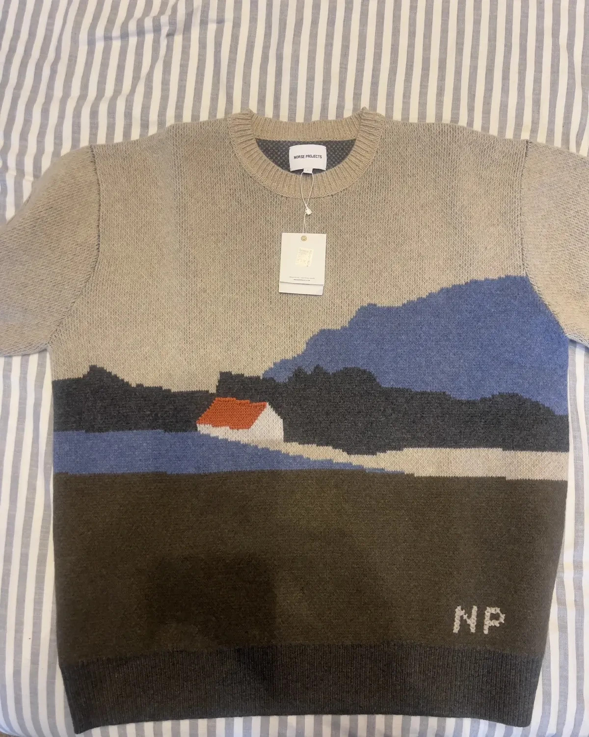 Norse Projects Jacquard Merino Wool Rune Landscape Utility Khaki  Sweater Medium