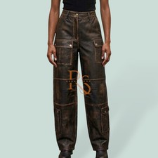 Women s Lambskin Leather Brown Cargo Pants High Waist Vintage Distressed Fit