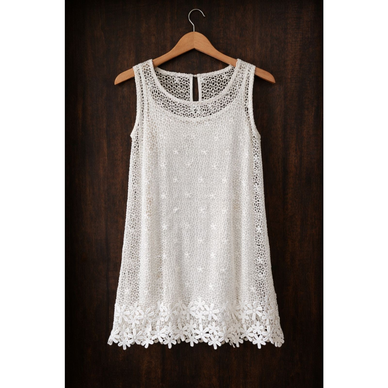Marci White Crochet Lace Dress Sleeveless Boho Floral Hem Lined Short Dress