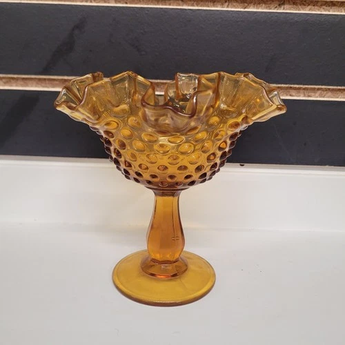 Vintage Fenton Glass Colonial Amber Thumbprint Ruffled Candy Compote Dish 6"