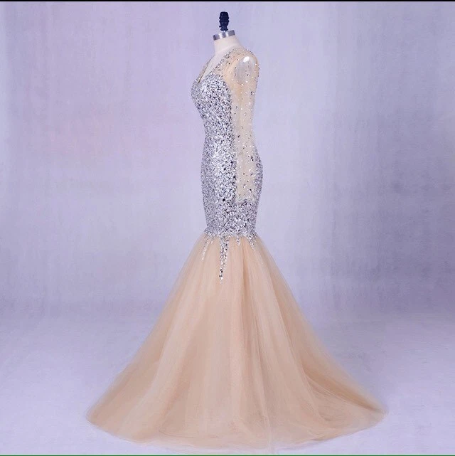 UK Champagne Mermaid Crystal Long Sleeve  Evening Prom Dresses Crystal Size 6 - Image 2 of 4