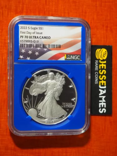 2022 S PROOF SILVER EAGLE NGC PF70 ULTRA CAMEO FIRST DAY OF ISSUE FDI BLUE CORE