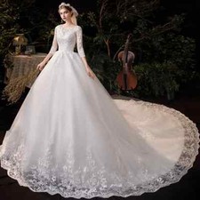 Luxury Wedding Dresses O Neck Three Quarter Sleeve Lace Appliques Bridal Gowns