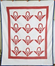 Vibrant 1910's Red  White Baskets Antique Quilt UNUSUAL DESIGN 