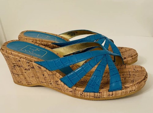 Womens Size 8 Wedge Sandals Touch Of Nina Blue Strappy Cork Heel Open Toe |  eBay