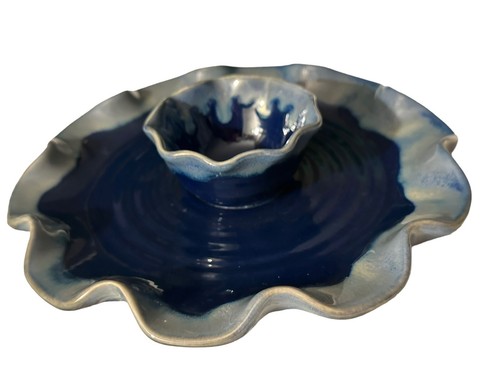 Tumbleweed Pottery Wave Chip & Dip 8” Indiv Plate 3” Bowl Cobalt Stoneware USA - Picture 5 of 12