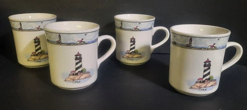 Set of 4 Totally Today  Coastal Lighthouse  8 oz Capacity Coffee Mugs Cups  3.5"