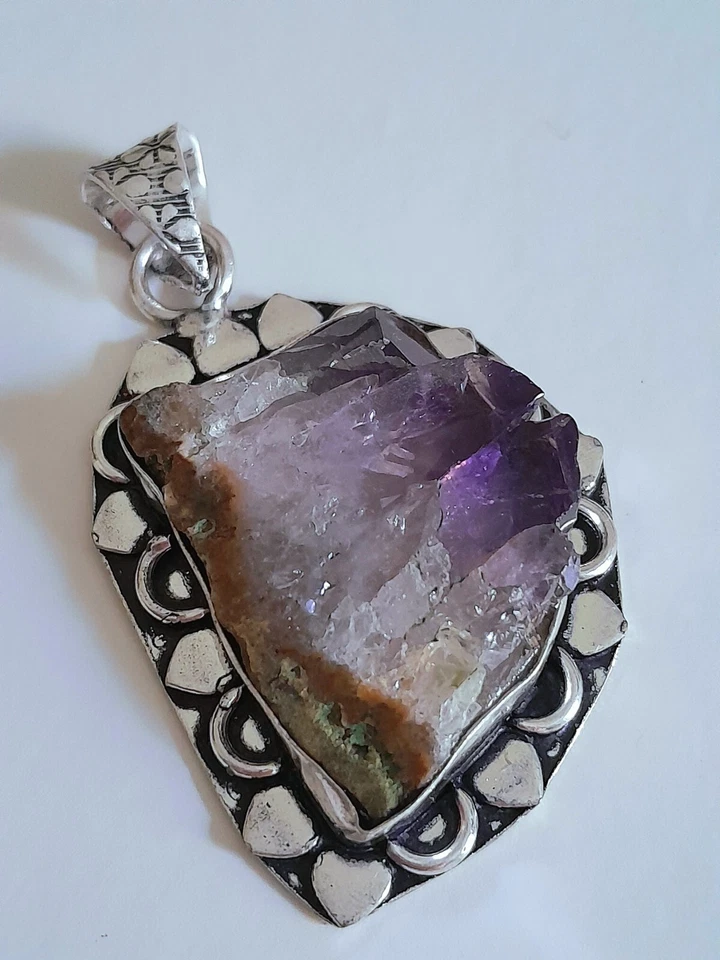 PENDENTE AMETISTA NATURALE, ARGENTO 925 LAVORATO, GRANDE CIONDOLO AMETISTA DRUZY - Immagine 4 di 4