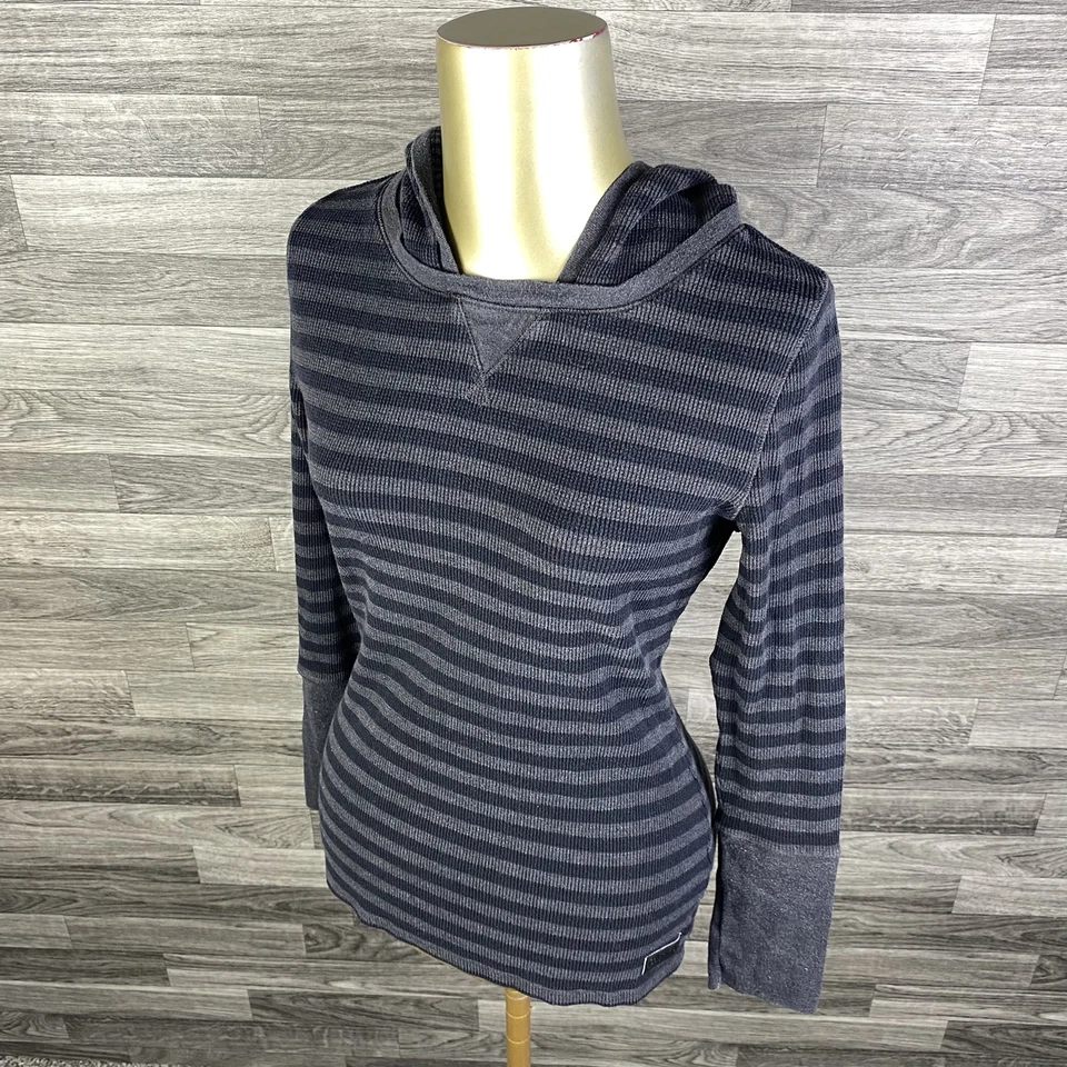 CALVIN KLEIN Pullover Thermal Black & Gray Striped Hooded Shirt Women's Size S - Image 2 of 4