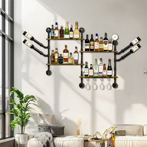 Estante de licor de pared para barra de pipa industrial estantes flotantes con soporte para copa de vino - Imagen 8 de 14