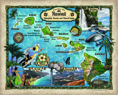 Hawaii Waterfalls Historic Map Reproduction Artwork Wall Art Print Vintage