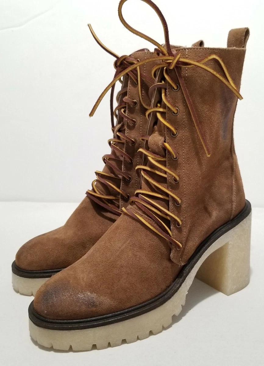 Free People Dylan Lace Up Boots Taupe Brown Suede Chunky Platform