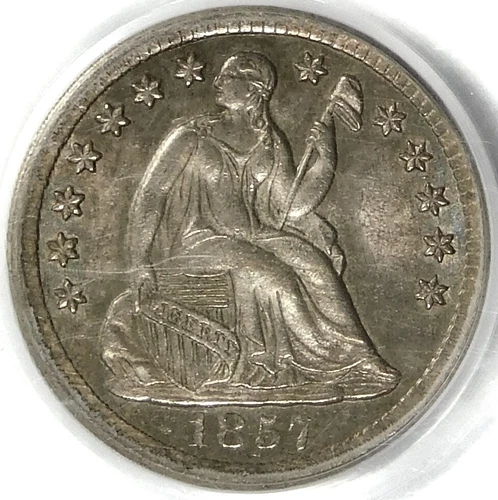 🗽💎🇺🇸❤️🤍💙PCGS MS63 1857 SEATED LIBERTY HALF DIME