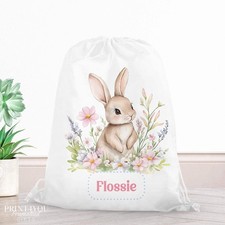 Personalised PE Bag Bunny Floral Drawstring Kids Boys Girls School Gym Swim Name