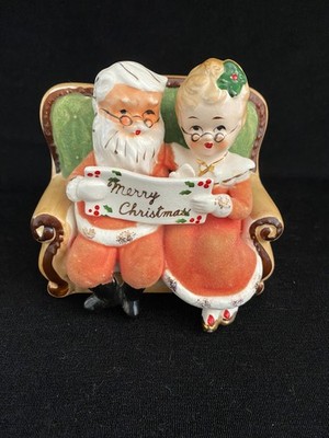 READ Vintage Napco Japan Christmas Santa & Mrs. Claus on Couch Flocked Planter