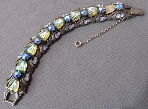 VTG FLORENZA Bracelet Molded Carnival AB Glass Silver Tone AS IS Missing Stones